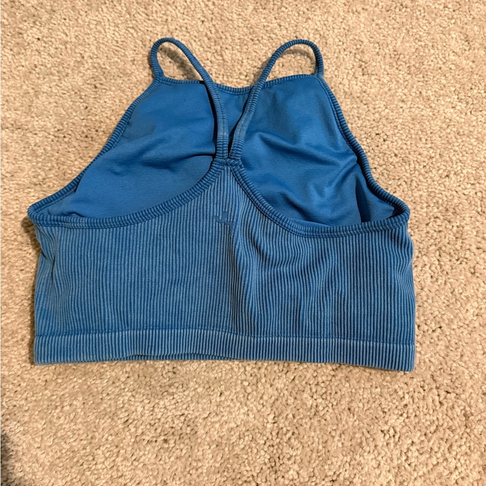 Blue Ribbed High Neck Crop Top - Picture 2 of 2